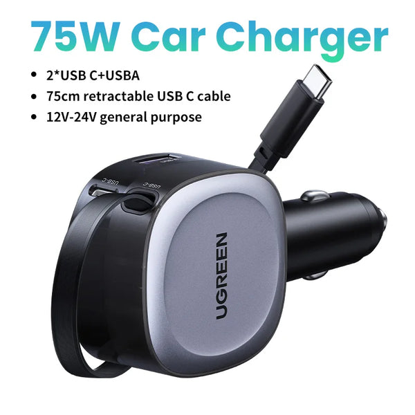 75W Dual-Port Retractable Fast Car Charger